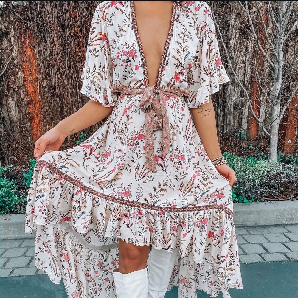 Ethan N Joy Boho Floral Tie-Front Maxi Dress in Blush and Cream